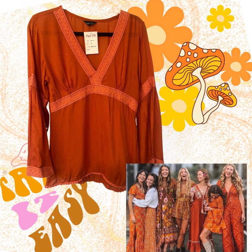 Burnt Orange boho hippie V-Neck light weight summer fall festival concert Blouse